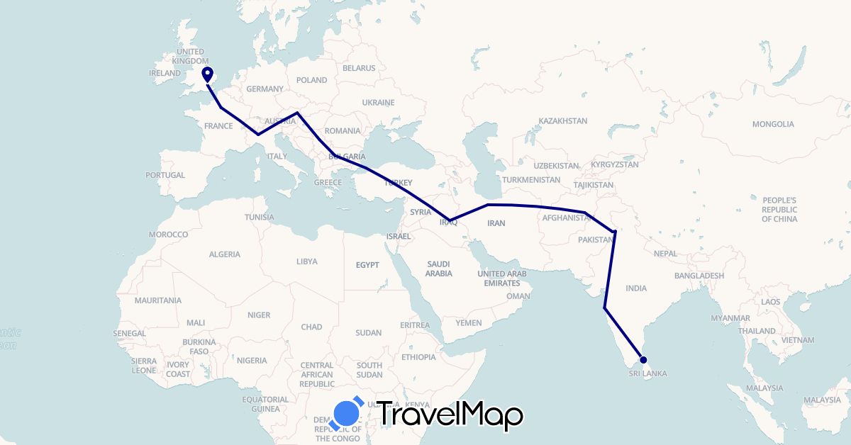 TravelMap itinerary: driving in Afghanistan, Austria, Bulgaria, France, United Kingdom, India, Iraq, Iran, Italy, Sri Lanka, Pakistan, Serbia, Turkey (Asia, Europe)